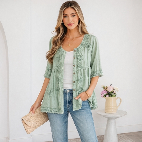 Braja Tops - BRAJA Green Shirt with Embroidered Details and Tie Back - Handcrafted XL/XXL